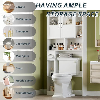 Over Toilet Cabinet - 67.4 H Bathroom Storage with Glass Door, Adjustable Organizer