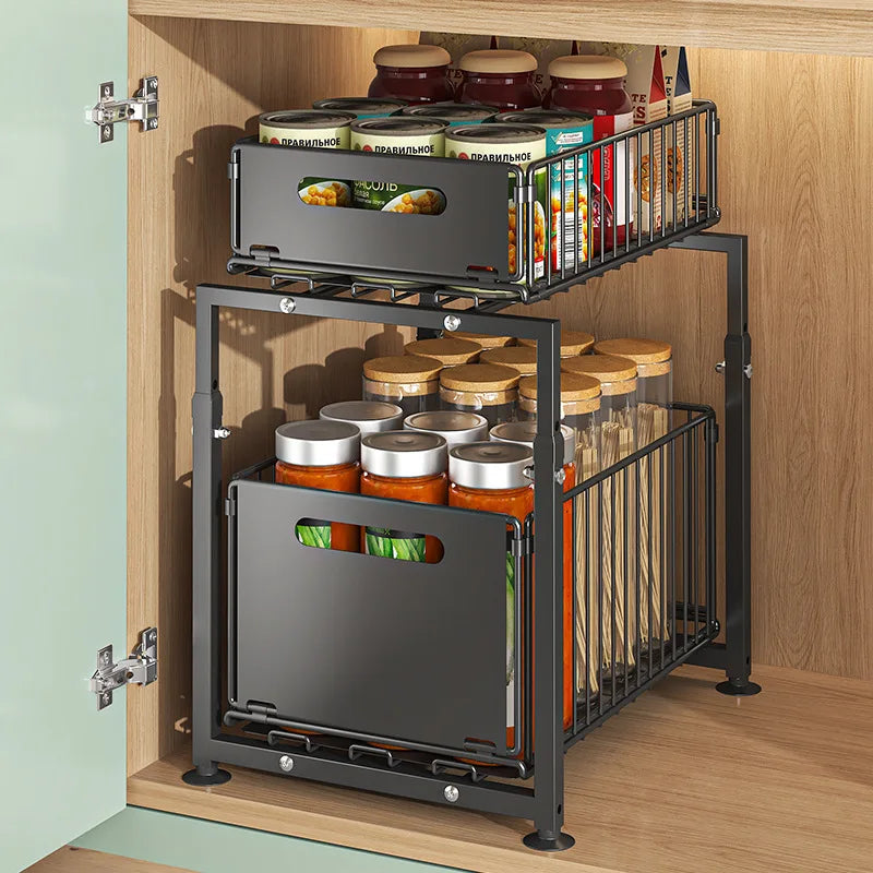 2 Tier Slide Out Cabinet Organizer, Heavy Duty, Under Sink Storage Shelf with Adjustable Metal Shelf, 2 Pack