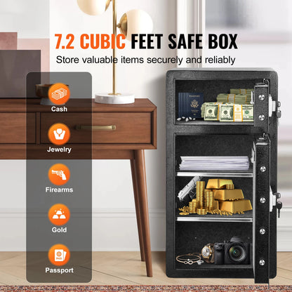 Single/Double Door Safe Box w/ 4 Unlocking Methods, Fireproof Bag, Key Rack & LED Light