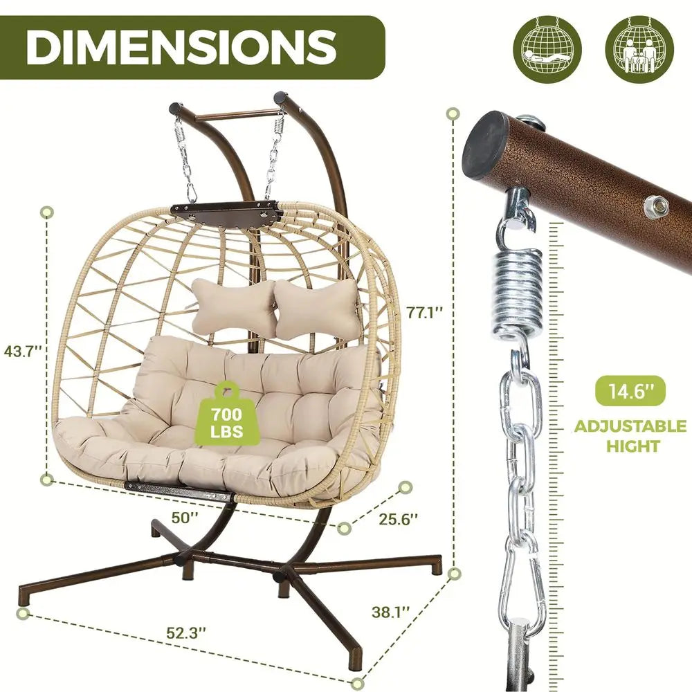 Double Hanging Egg Chair With Stand 2 Person Outdoor Indoor Swing