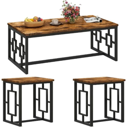 3-Piece Vintage Wood Coffee Table Set with 2 End Tables - Modern, Square Tabletop & Rustic Brown Finish