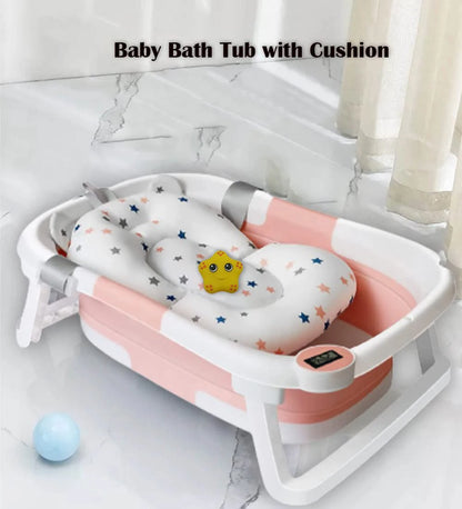 Foldable Baby Bath Tub with Cushion and Built In Thermometer