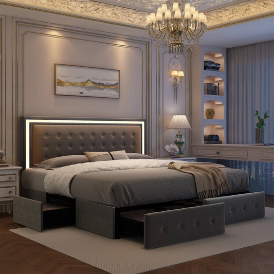 LED Bed Frame with 4 Storage Drawers RGBW Headboard PU Upholstered