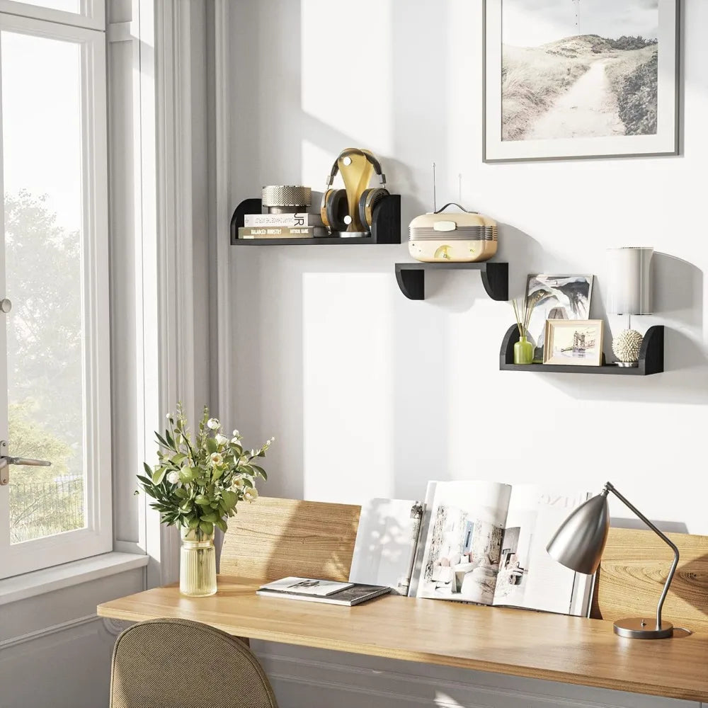 Floating Wall Shelves Set Of 3 Black Solid Wood Wall Mounted Shelves
