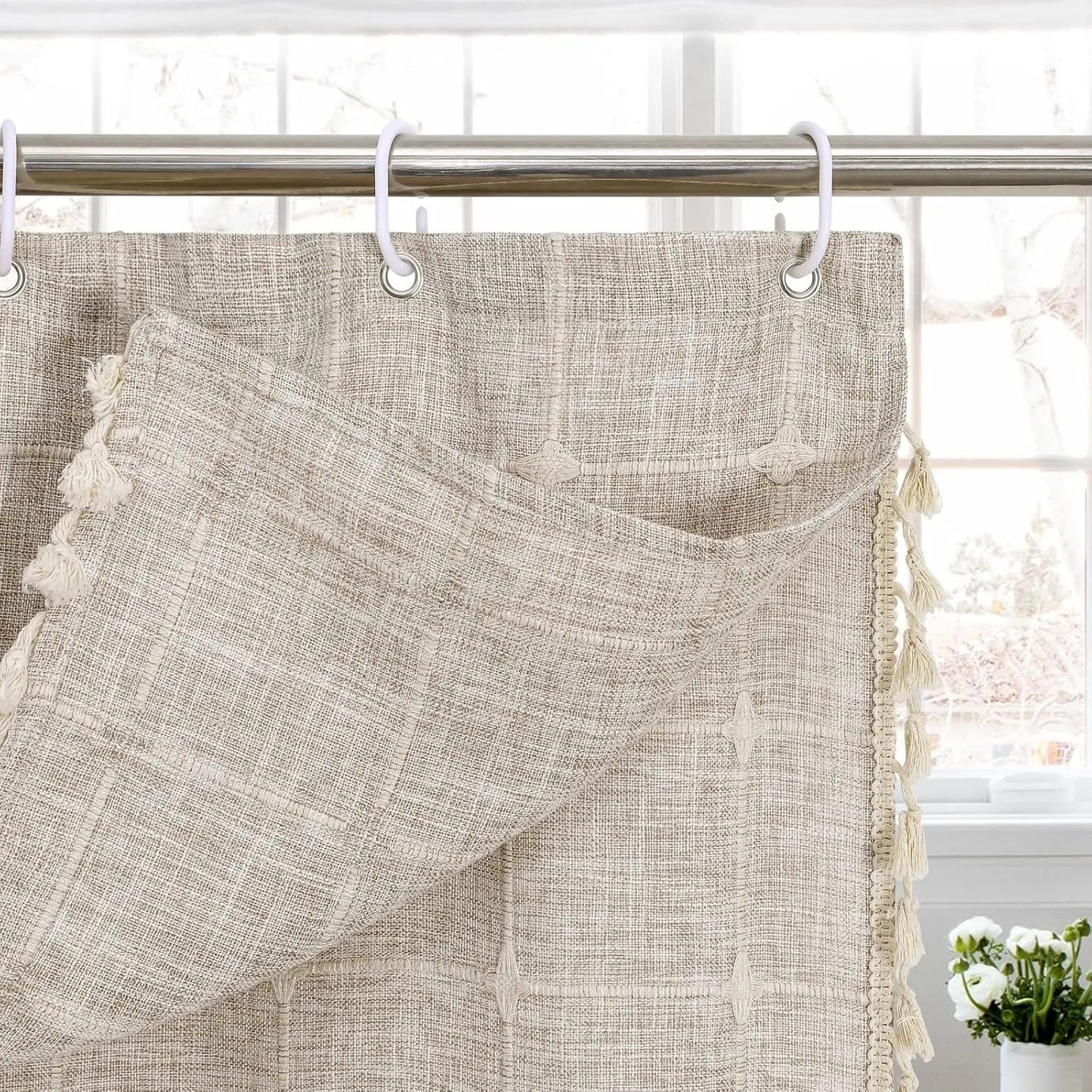 Tan Boho Double Swag Shower Curtain, Polyester Linen Fabric with Rust-Resistant Hooks, 72x72 Inches