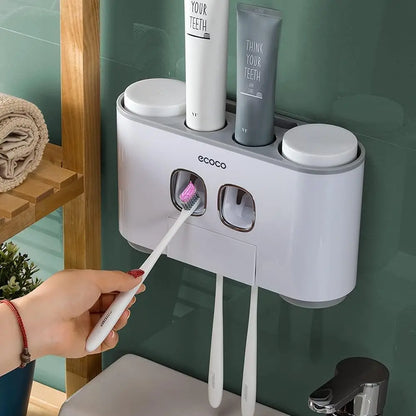 Wall Mounted Toothbrush Holder With Toothpaste Dispenser 4 Cups 5 Slots