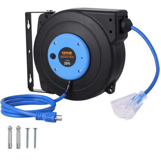 Retractable Extension Cord Reel 30FT Lighted Triple Tap Outlet
