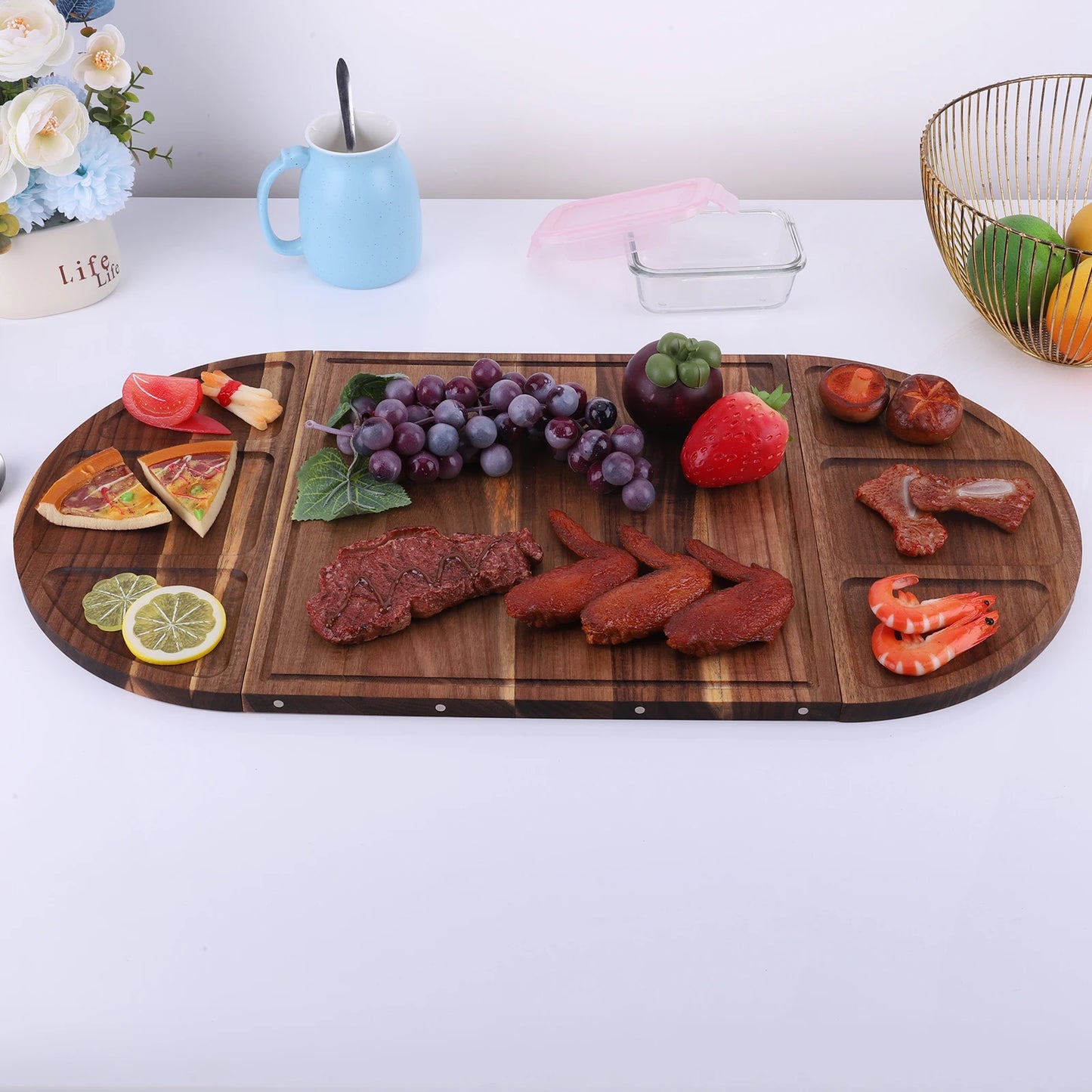 Acacia Wood Serving Tray Charcuterie Board Multi Function Grooves