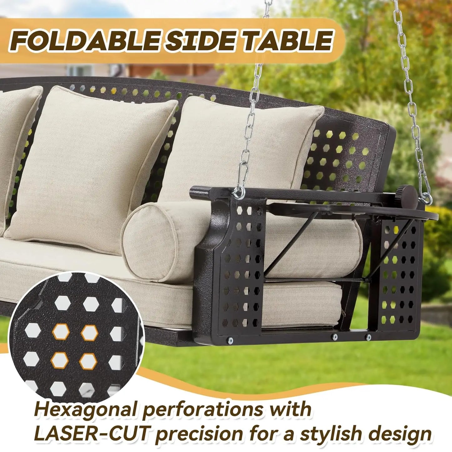 3 Seat Porch Swing with Cup Holders Cushions and Chains Outdoor Swing