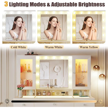 Vanity Desk with Mirror 43" RGB Lights Glass Top Power