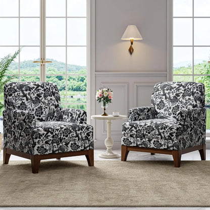 Floral Accent Chair Set Of 2, Upholstered Armchair With Solid Leg, Comfy Reading Single Sofa With Spring-Padded, Customized