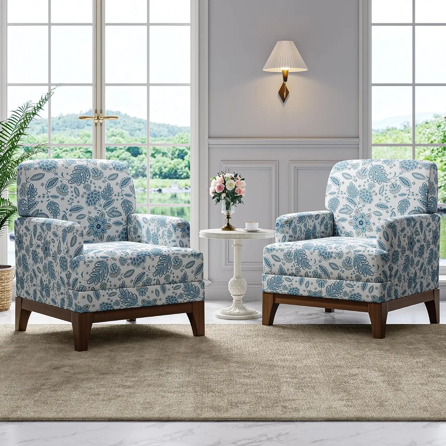 Floral Accent Chair Set Of 2, Upholstered Armchair With Solid Leg, Comfy Reading Single Sofa With Spring-Padded, Customized