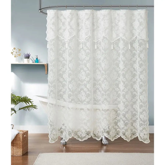 Ivory Shower Curtain with Valance Elegant Tassels Bathroom Curtain