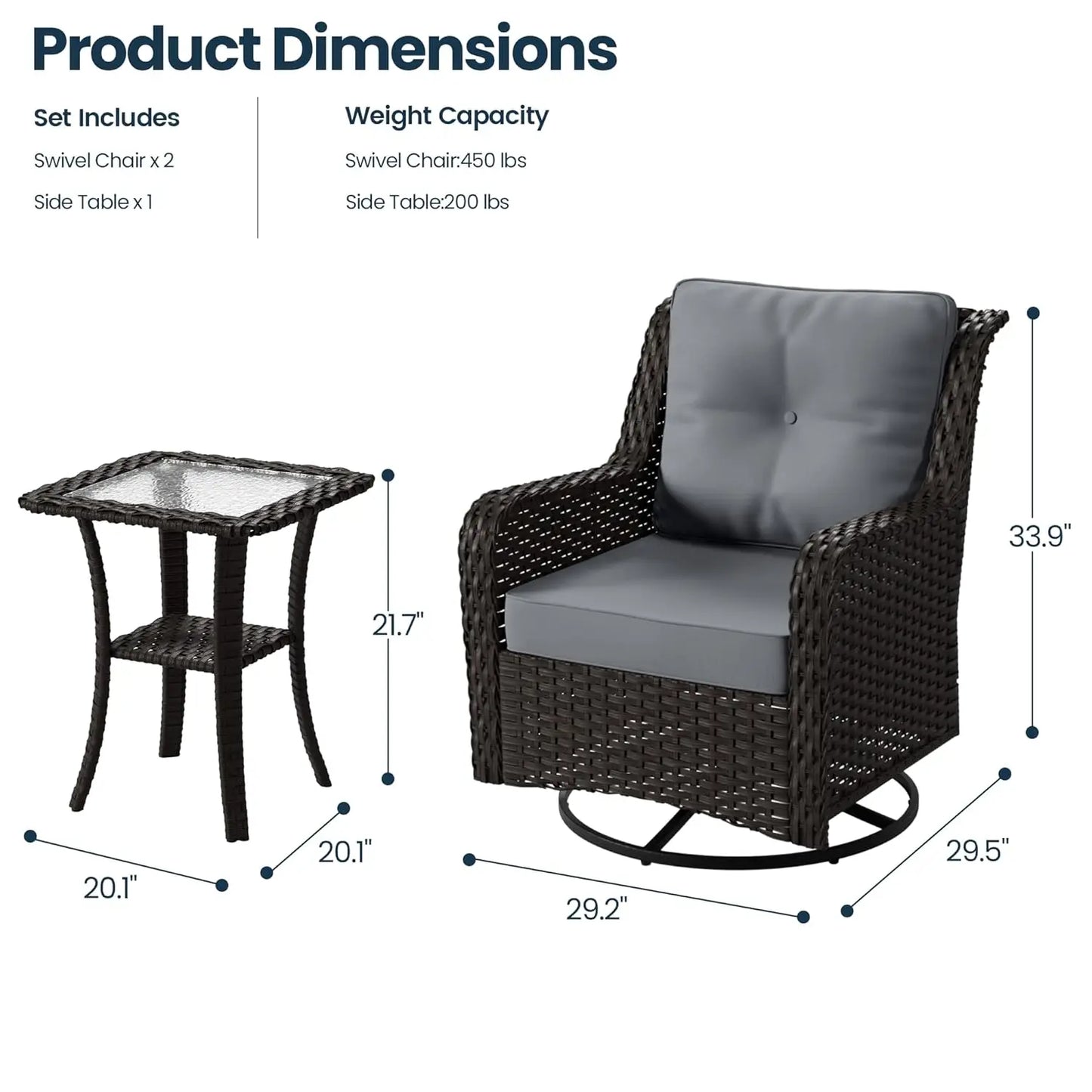3 Piece All-Weather Wicker Swivel Rocker Patio Set With Table & Cloud-Like Cushions