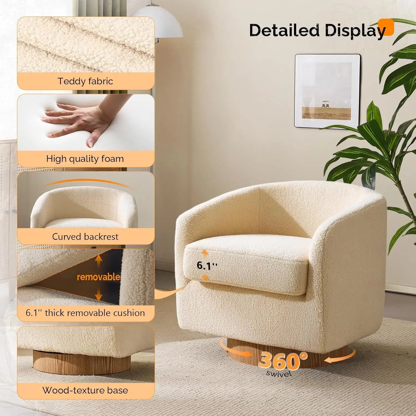 360°Swivel Accent Chairs, Set of 2 with Wood Base and Removable Cushion, Upholstered Bucket Armchairs