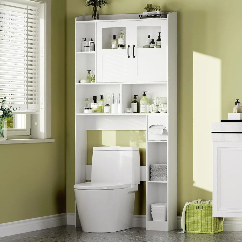 Over Toilet Cabinet - 67.4 H Bathroom Storage with Glass Door, Adjustable Organizer