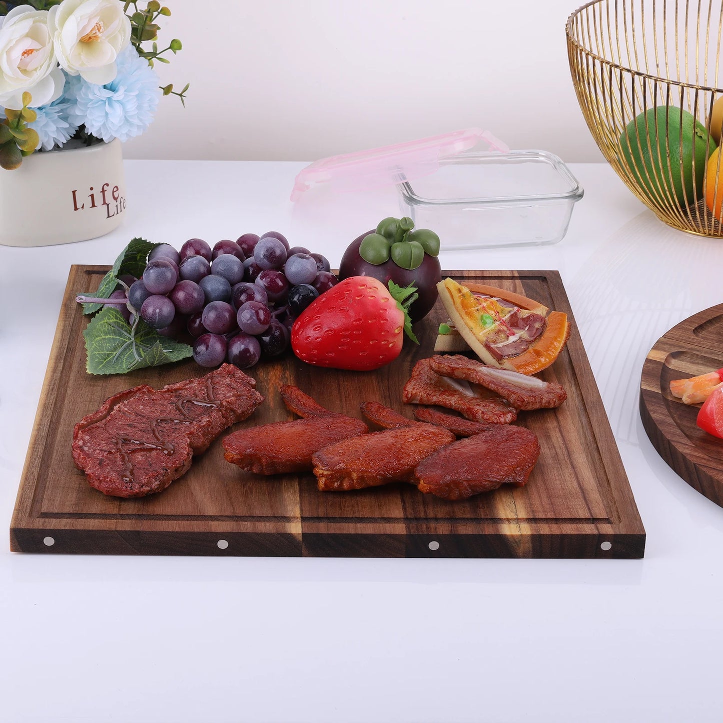 Acacia Wood Serving Tray Charcuterie Board Multi Function Grooves