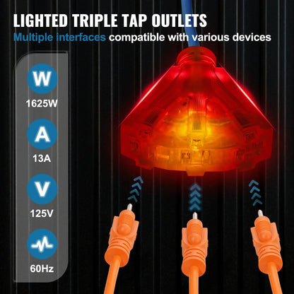 Retractable Extension Cord Reel 50FT Lighted Triple Tap Outlet