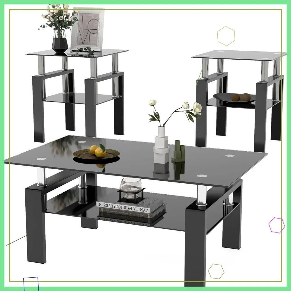 Modern Tempered Glass Table Set, 3-Piece, includes Black Metal Frame Coffee Table with Matching End Tables
