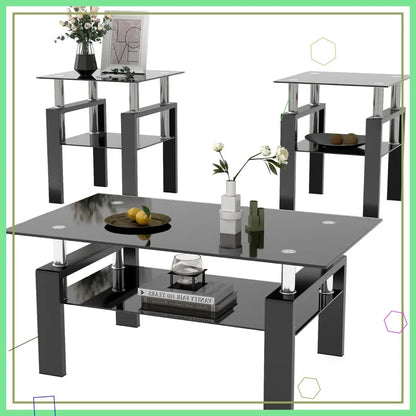 Modern Tempered Glass Table Set, 3-Piece, includes Black Metal Frame Coffee Table with Matching End Tables