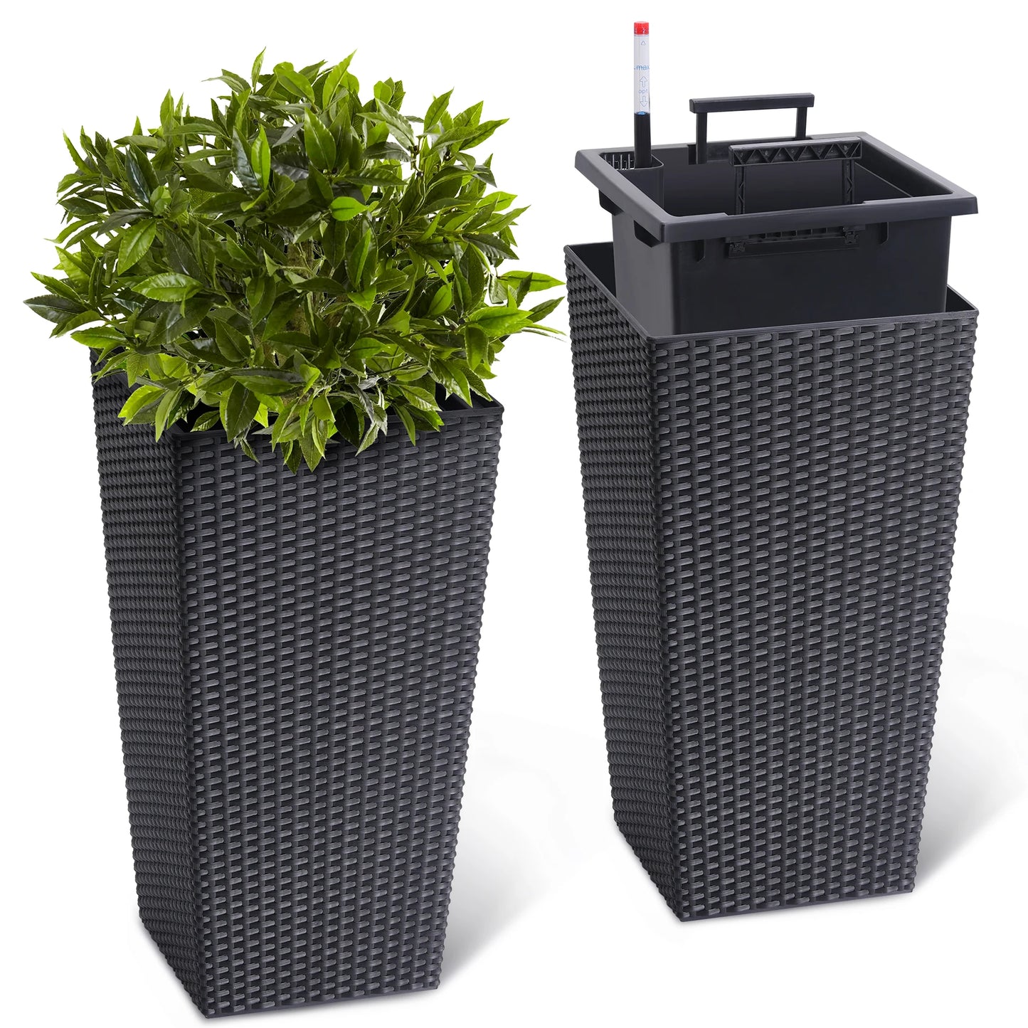 Tall Rattan Planter Set of 2 Outdoor and Indoor Plant Pots with Water Level Monitor & Wheels
