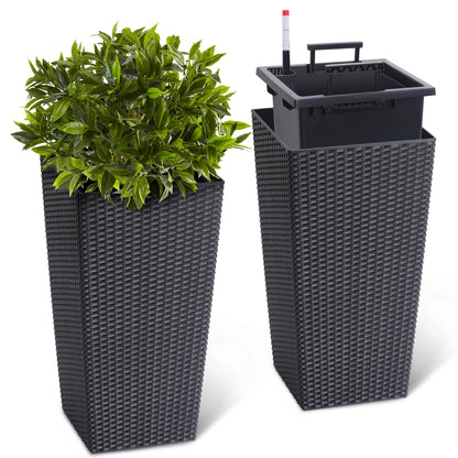 Tall Rattan Planter Set of 2 Outdoor and Indoor Plant Pots with Water Level Monitor & Wheels