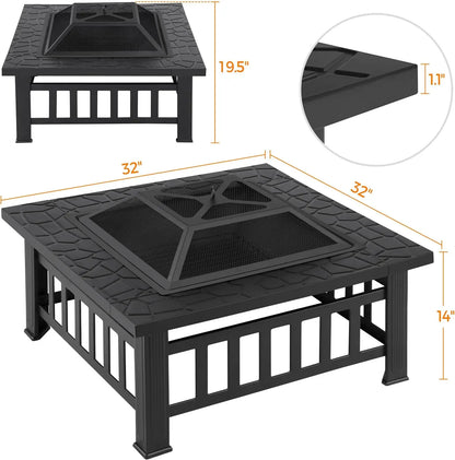 Fire Pit Table 32 Inch Square Metal Multifunctional Outdoor Stove