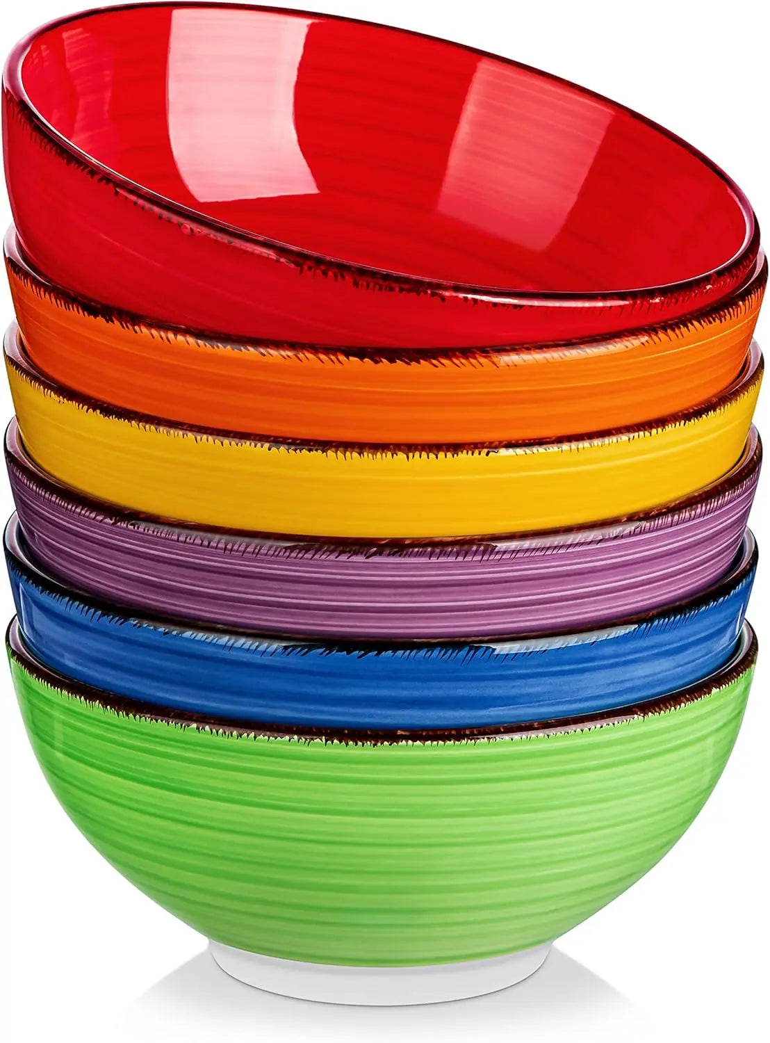 Colorful ceramic soup bowls set stacked, perfect for serving soups and more, 27 oz capacity, microwave and dishwasher safe.