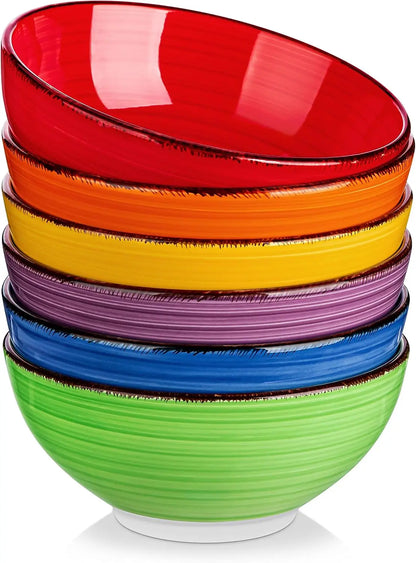 Colorful ceramic soup bowls set stacked, perfect for serving soups and more, 27 oz capacity, microwave and dishwasher safe.
