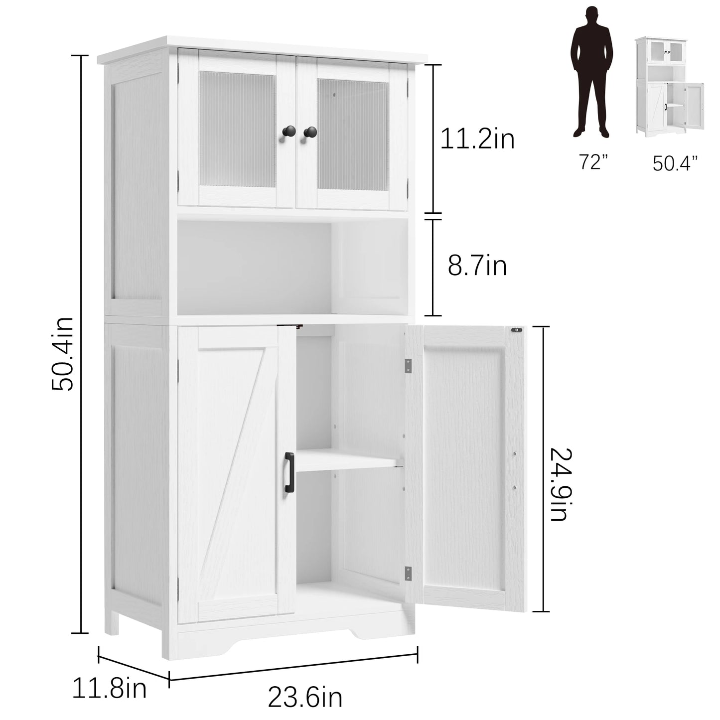 Free Standing Kitchen Pantry with 4 Doors and Open Space with Tempered Glass Doors