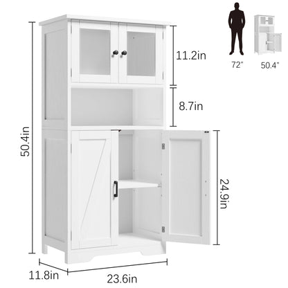 Free Standing Kitchen Pantry with 4 Doors and Open Space with Tempered Glass Doors