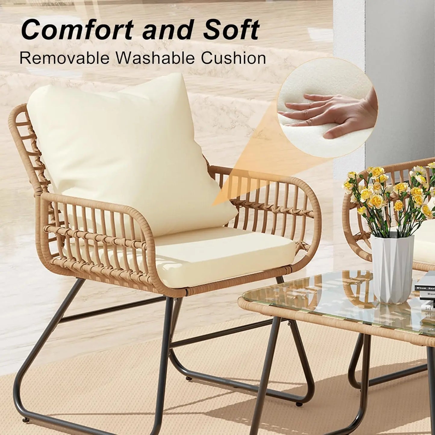 4-Piece Outdoor Patio Set with Cushions & Tempered Glass Table, All-Weather Rattan Bistro Set