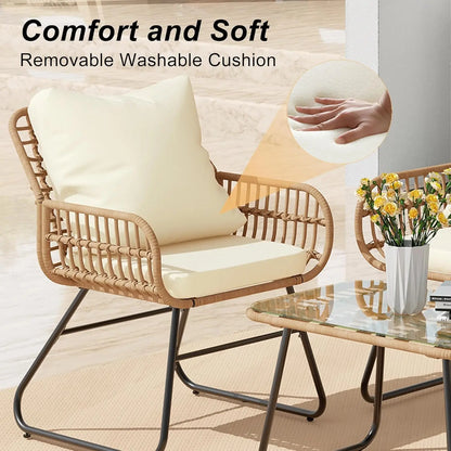 4-Piece Outdoor Patio Set with Cushions & Tempered Glass Table, All-Weather Rattan Bistro Set