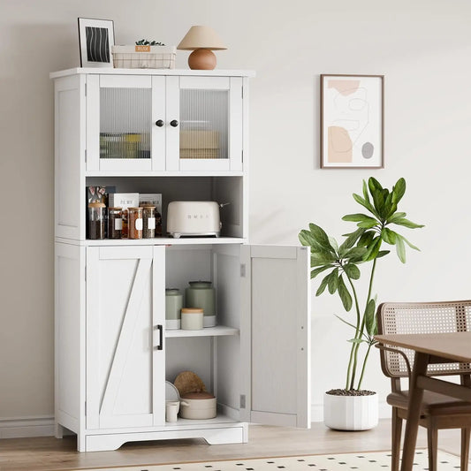 Free Standing Kitchen Pantry with 4 Doors and Open Space with Tempered Glass Doors