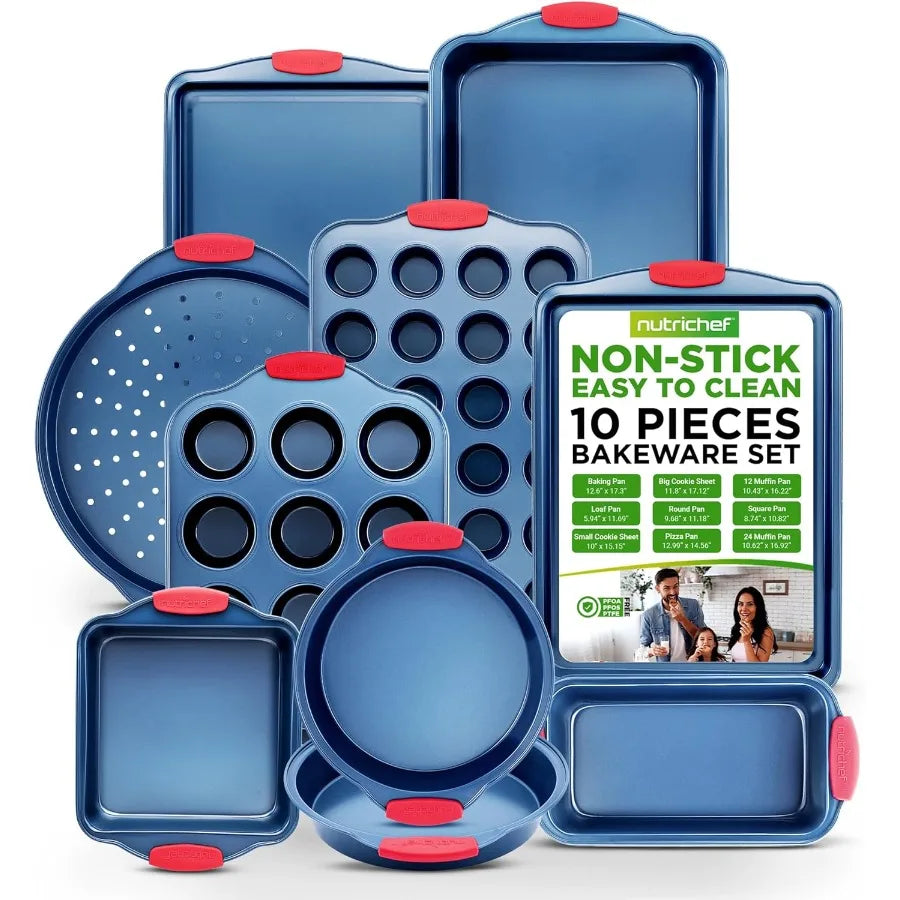10-Piece Nonstick Bakeware Set - Deluxe Carbon Steel with Blue Silicone Coating, Red Handles