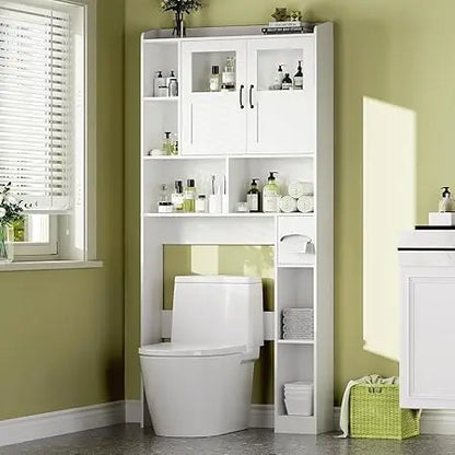 Over Toilet Cabinet - 67.4 H Bathroom Storage with Glass Door, Adjustable Organizer