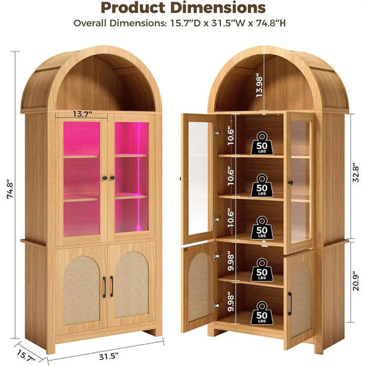 Arched Bookshelf with Glass Door, 75" Tall Bookcase with LED, 6 Tier Storage Cabinet with Rattan Door