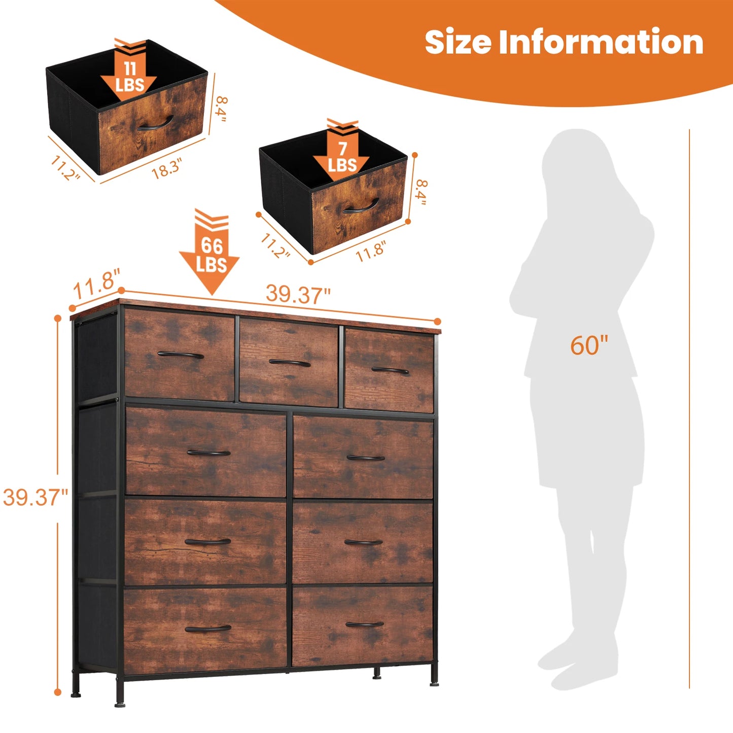 9 Drawer Dresser Tall Chest Organizer with Fabric Drawers
