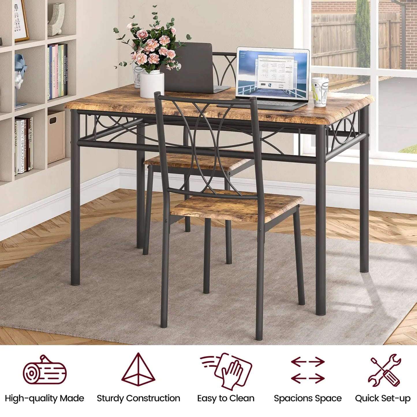 Kitchen Table Set Rectangular Metal Wood with 4 Chairs