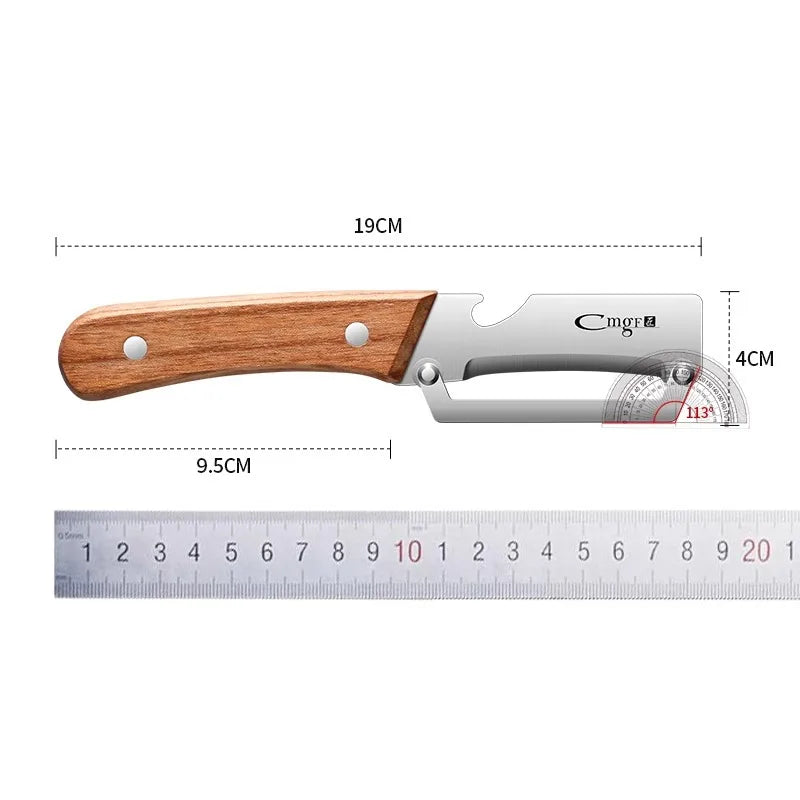 Stainless steel vegetable peeler with wooden handle, 19cm length, ideal for peeling fruits and vegetables.