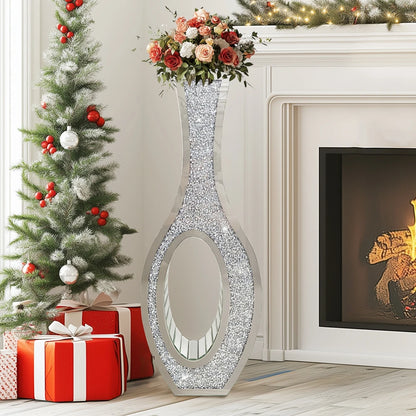 Mirrored Floor Vase Tall Silver Crush Diamond Decorative Vase