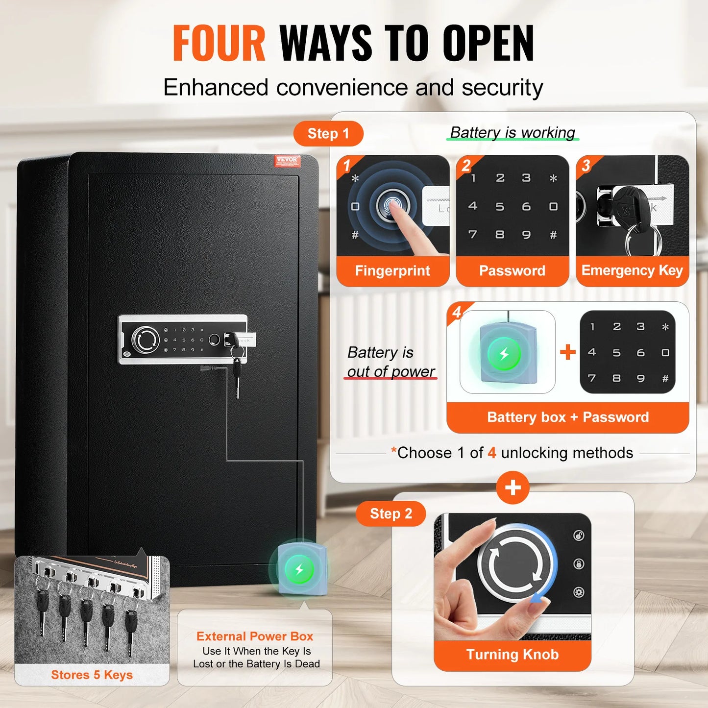 Single/Double Door Safe Box w/ 4 Unlocking Methods, Fireproof Bag, Key Rack & LED Light