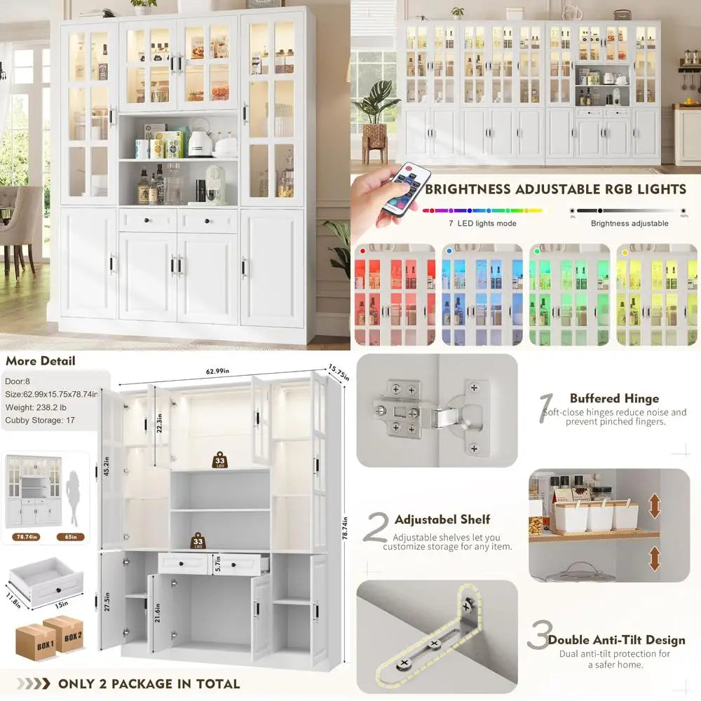 Freestanding Cabinet Glass Doors 78.7 H 63 W LED Lights Drawers