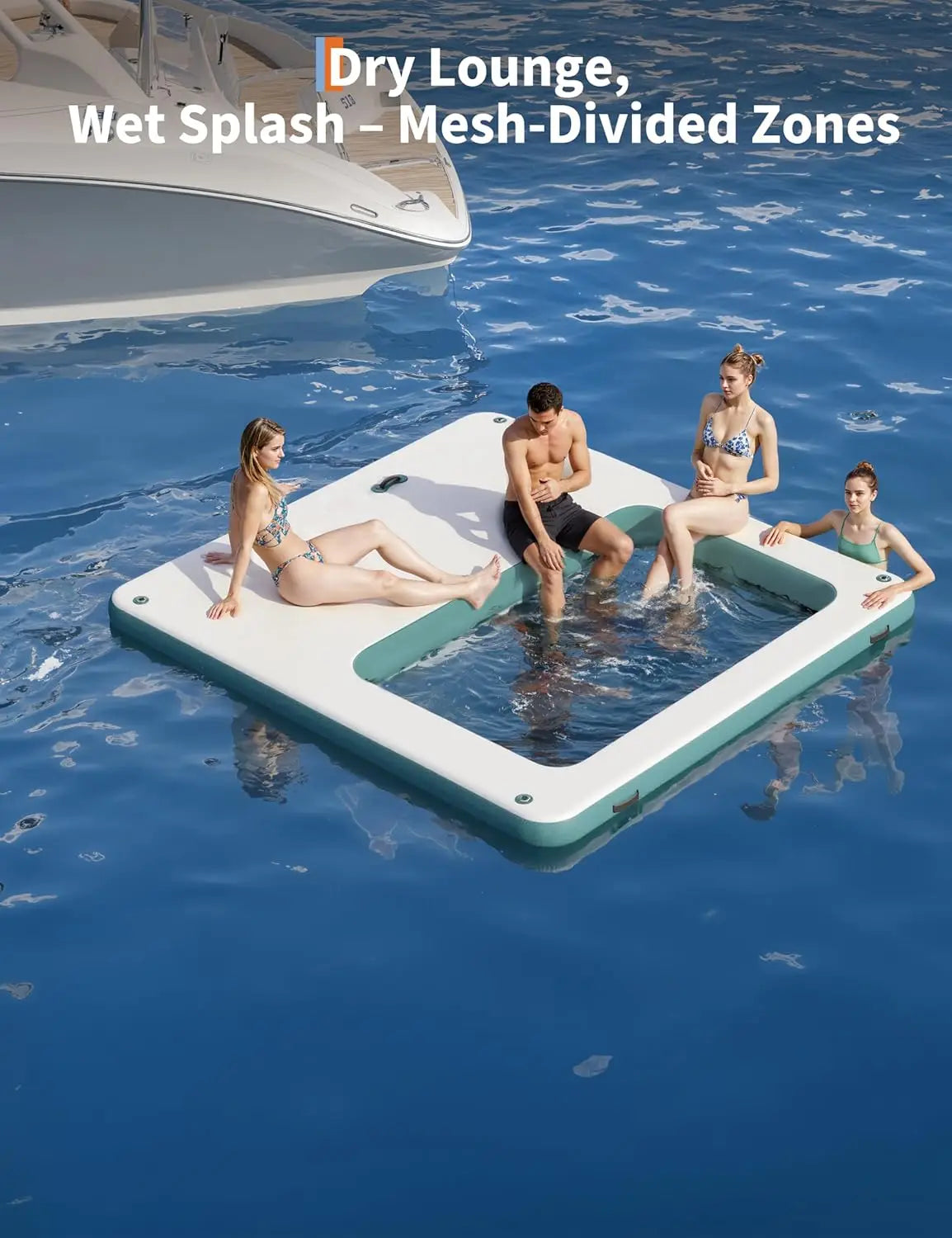 Inflatable Floating Dock 10x10FT Platform with Mesh Swim Area