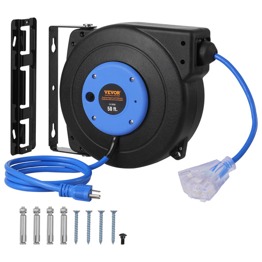 Retractable Extension Cord Reel, 50FT, Lighted Triple Tap Outlet, 13Amp Circuit Breaker ,180° Swivel Bracket