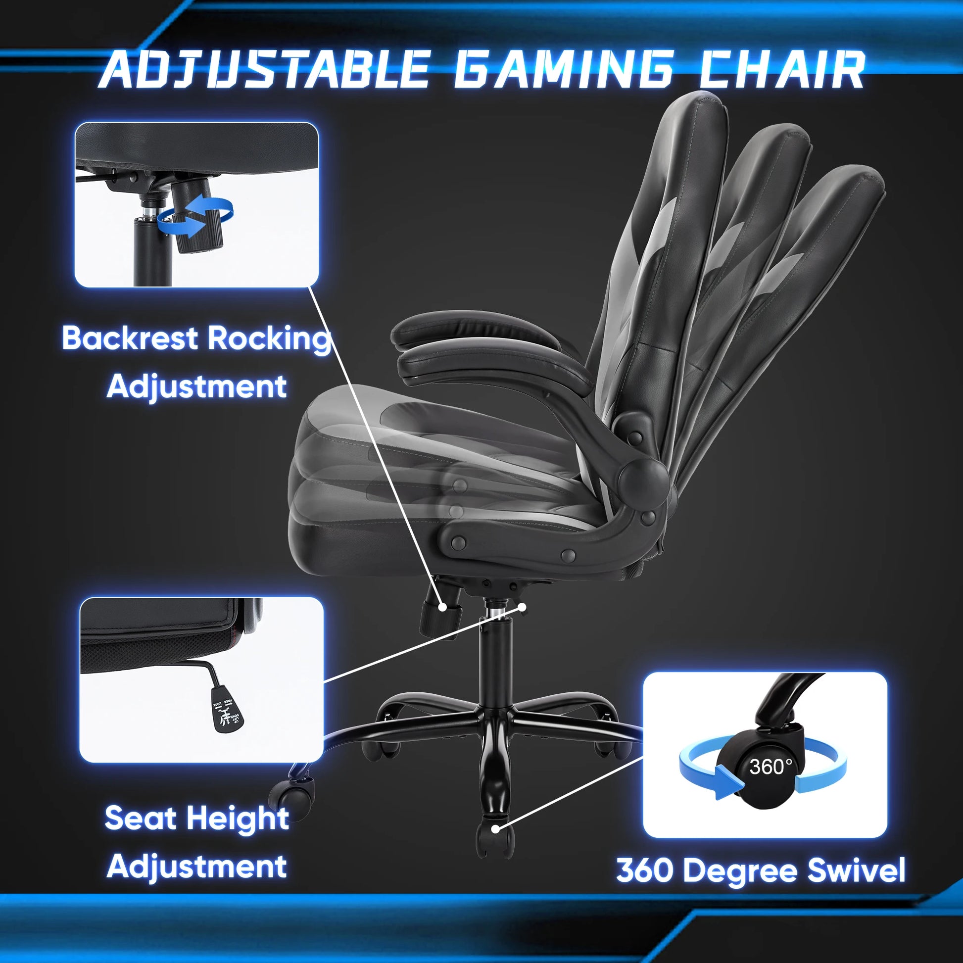 Gaming Chair PU Leather with Flip-Up Armrest Ergonomic Adjustable Seat