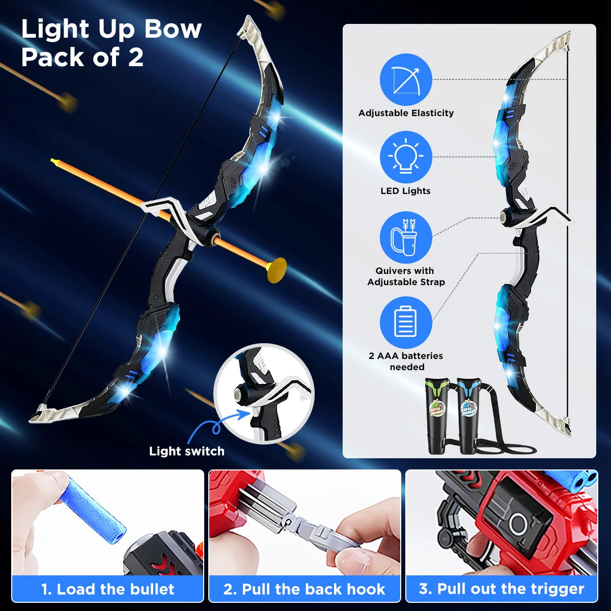 Toy Bow and Arrow + Guns for Kids with Night-Light Target Stand