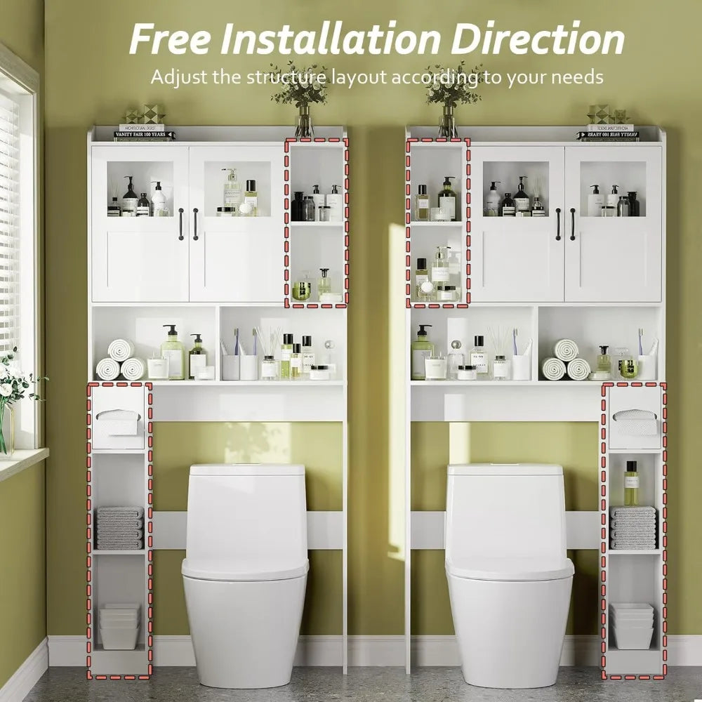 Over Toilet Cabinet - 67.4 H Bathroom Storage with Glass Door, Adjustable Organizer
