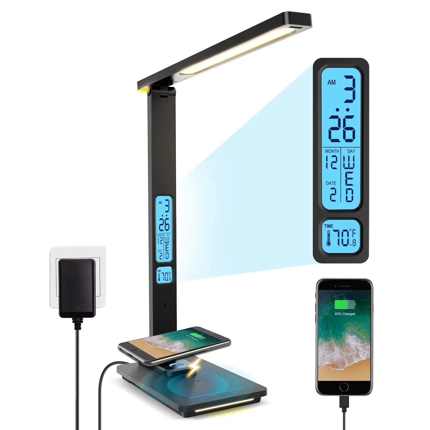 Wireless Charging LED Desk Lamp with a USB Charging Port, Dimmable, Sliding Function, Auto Timer, and Night Light