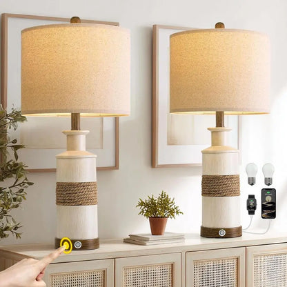 Rattan Table Lamps with USB Ports 3 Way Dimming Bedside Lights